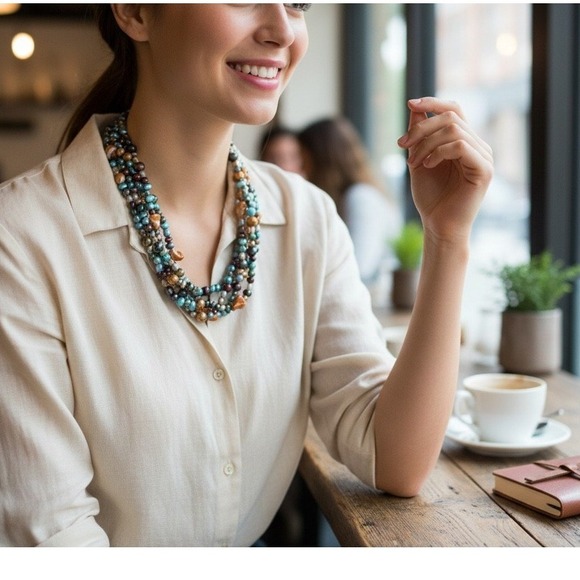 Multi Strand Mixed Pearl Bead Necklace Sterling Clasp Copper Blue Green Red - Picture 2 of 5